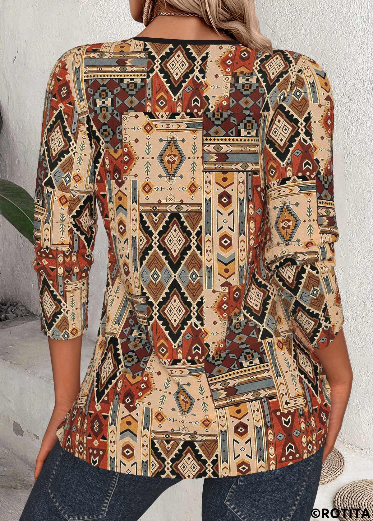 Dark Camel tops,Tribal tops,ROTITA Tribal Print Dark Camel Split Neck 3/4 Sleeve Blouse