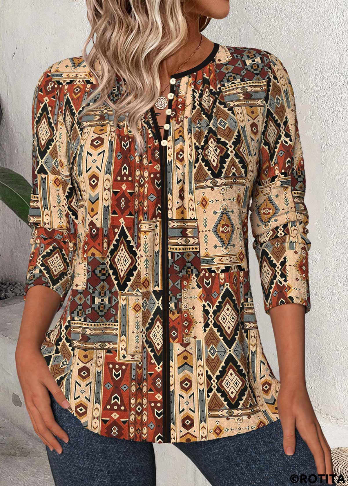 Dark Camel tops,Tribal tops,ROTITA Tribal Print Dark Camel Split Neck 3/4 Sleeve Blouse