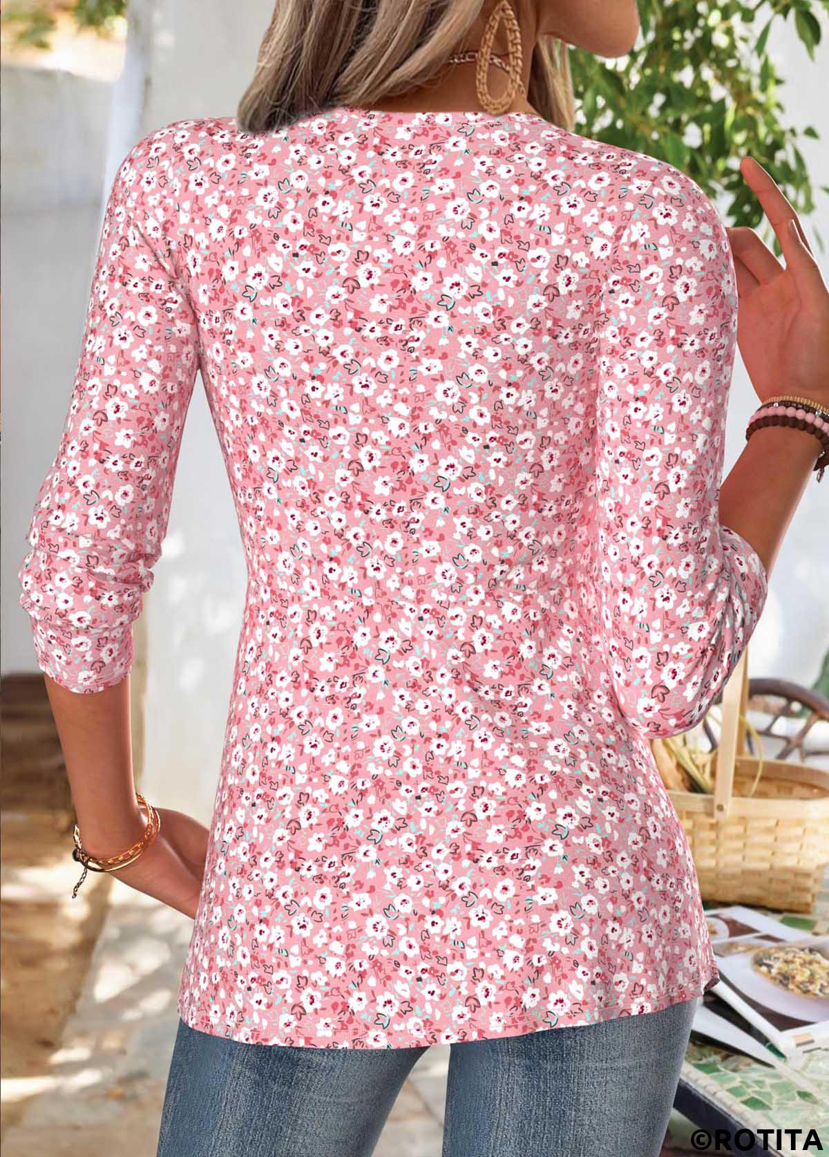 Pink tops,Ditsy Floral tops,ROTITA Ditsy Floral Print Pink V Neck T Shirt