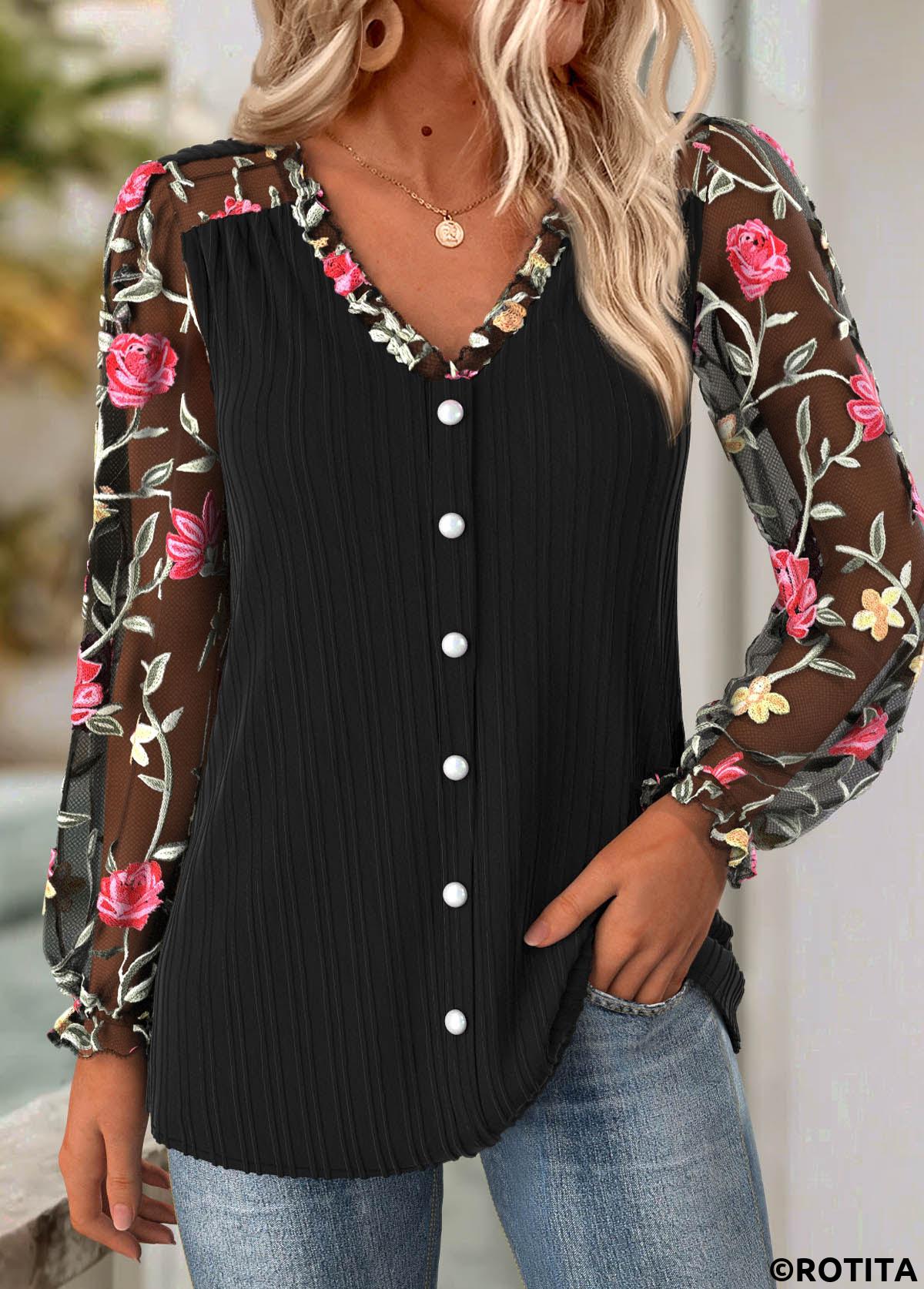 Black tops,Floral tops,Plants tops,ROTITA Frill Floral Print Black V Neck Long Sleeve Blouse