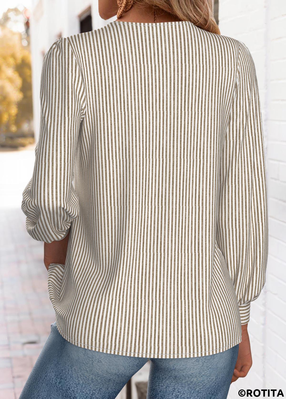 Light Coffee tops,Striped tops,Geometric tops,ROTITA Striped Light Coffee Round Neck Long Sleeve T Shirt
