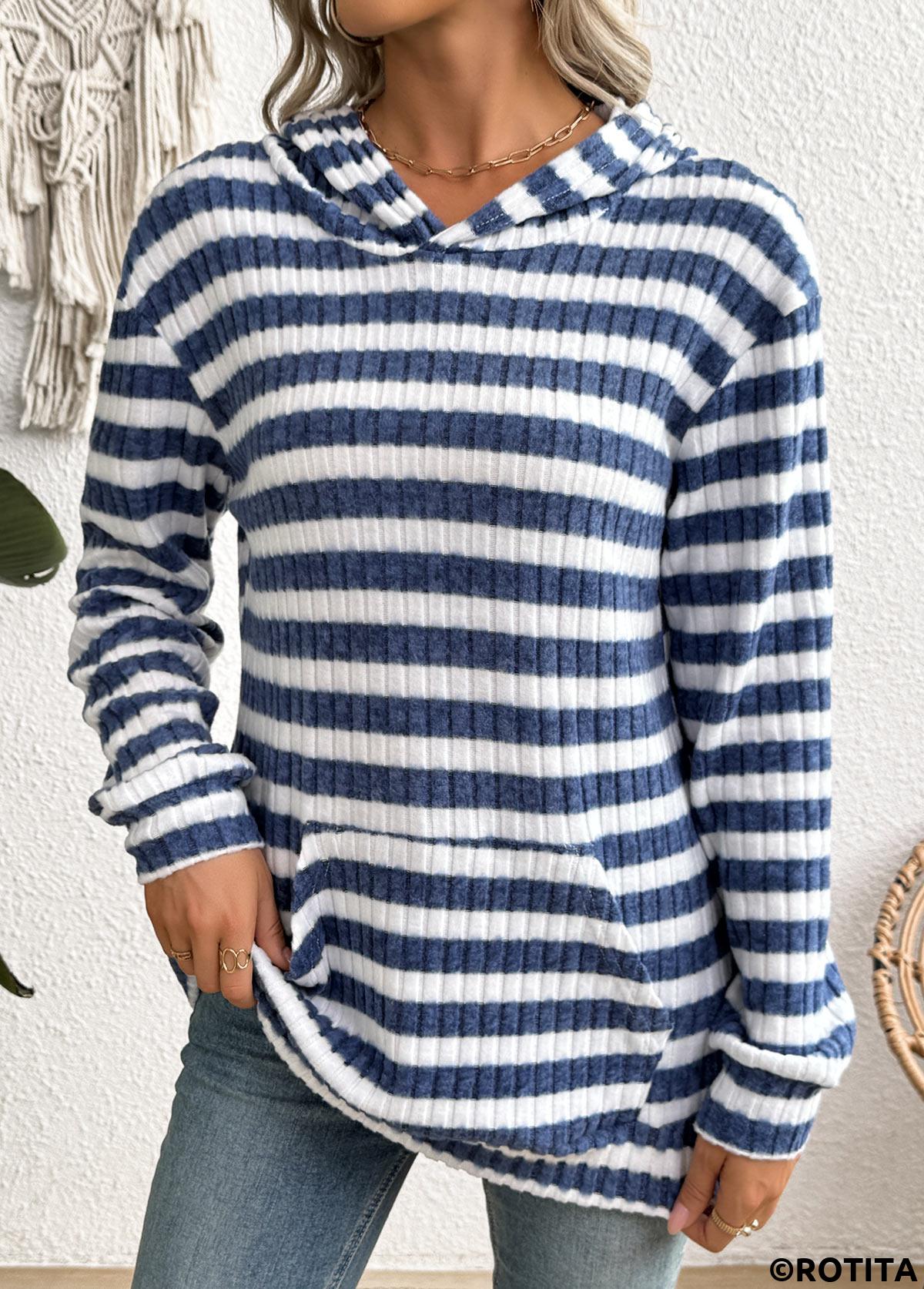Blue tops,Striped tops,Geometric tops,ROTITA Kangaroo Pocket Striped Blue Long Sleeve Hoodie
