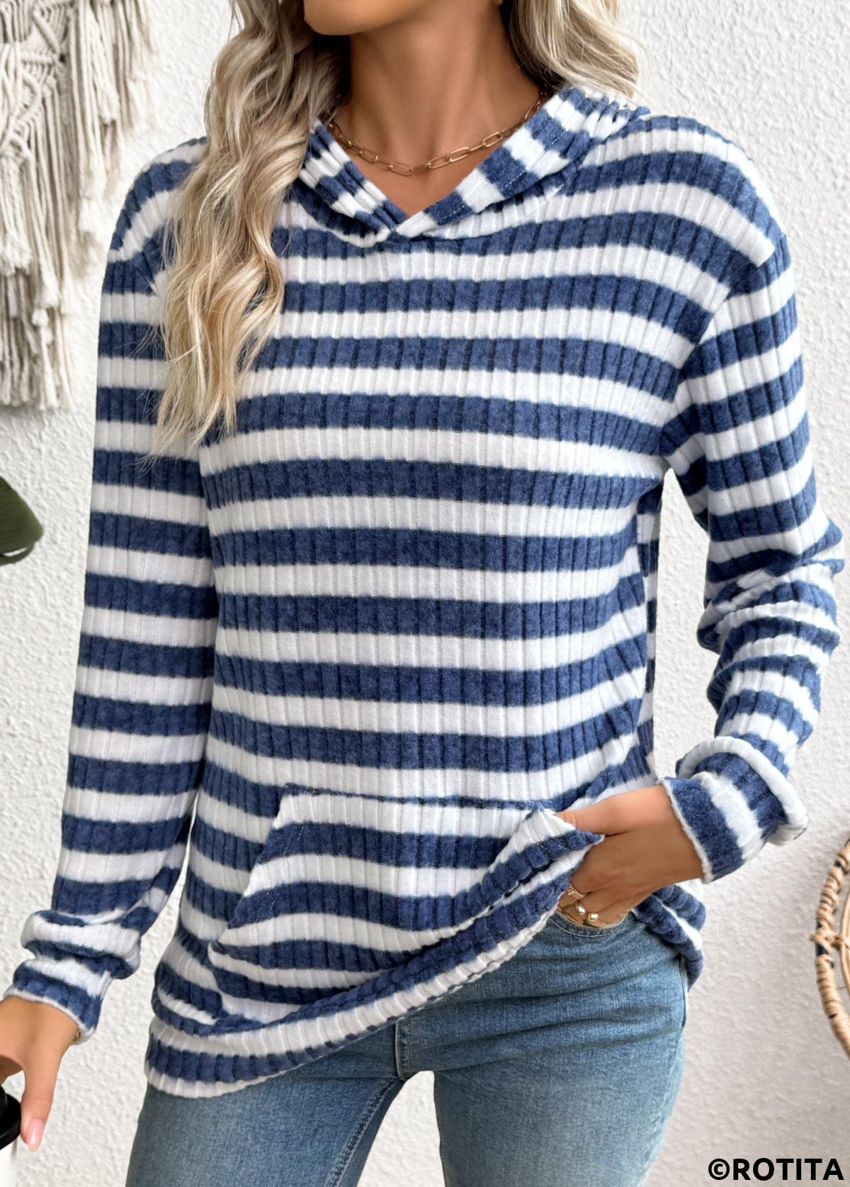 Blue tops,Striped tops,Geometric tops,ROTITA Kangaroo Pocket Striped Blue Long Sleeve Hoodie