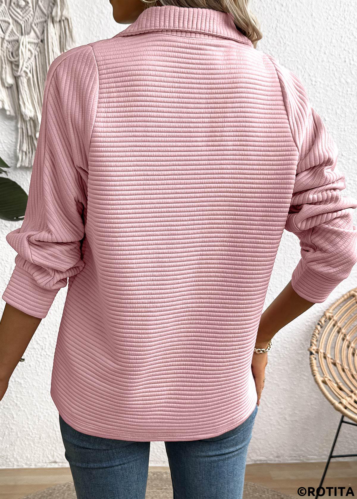Pink tops,Plain Color tops,ROTITA Zipper Pink Turn Down Collar Long Sleeve Sweatshirt