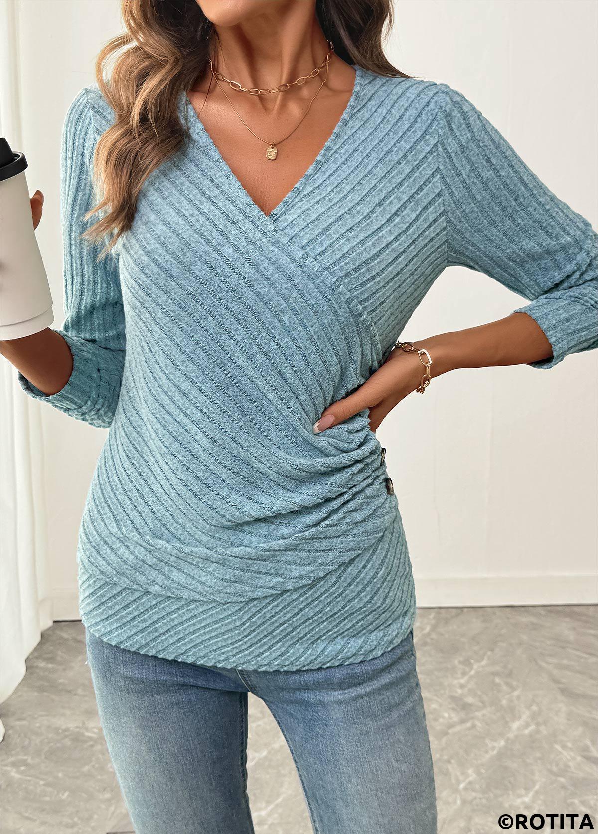 Dusty Blue tops,Plain Color tops,ROTITA Surplice Dusty Blue V Neck Long Sleeve T Shirt