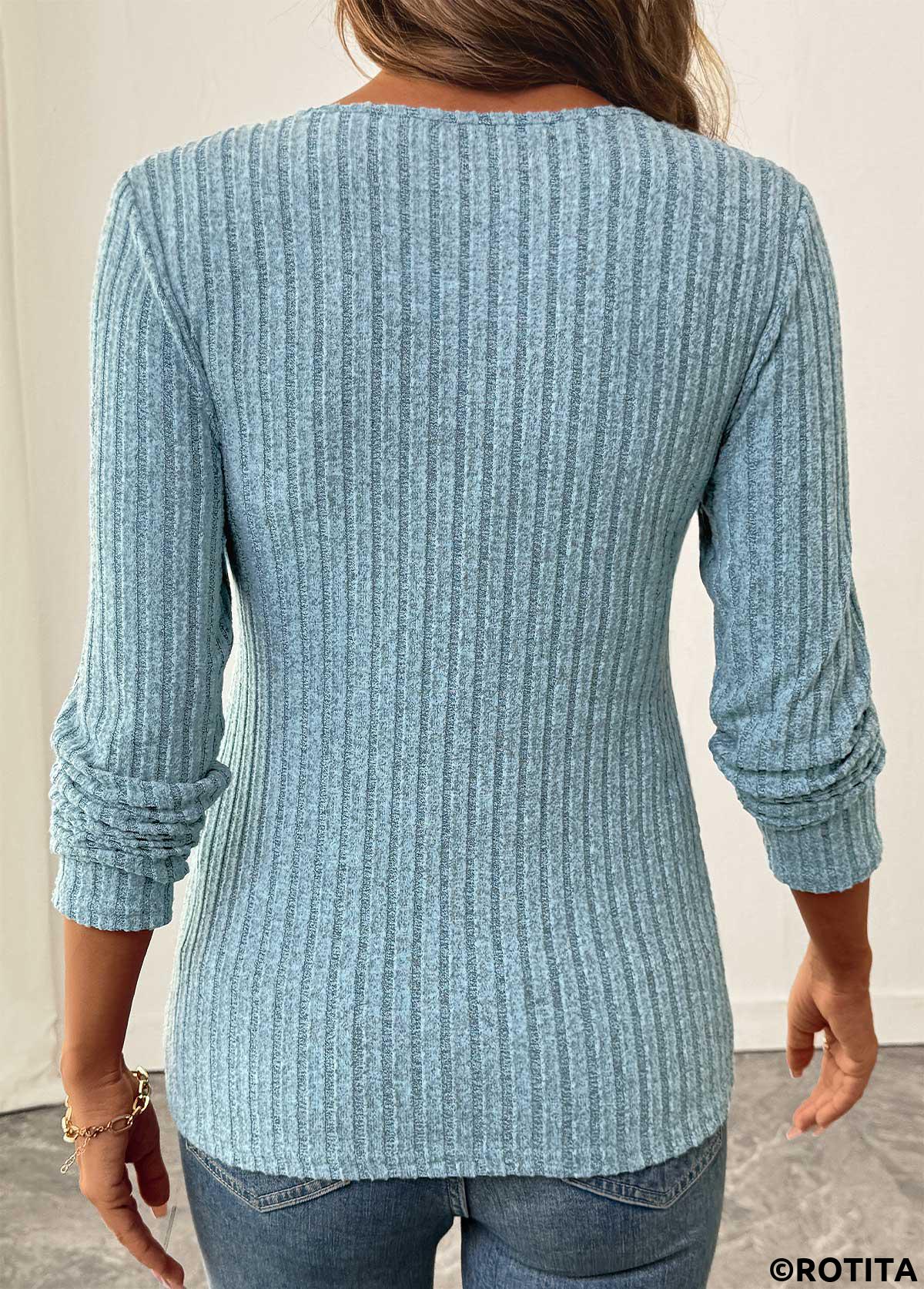Dusty Blue tops,Plain Color tops,ROTITA Surplice Dusty Blue V Neck Long Sleeve T Shirt