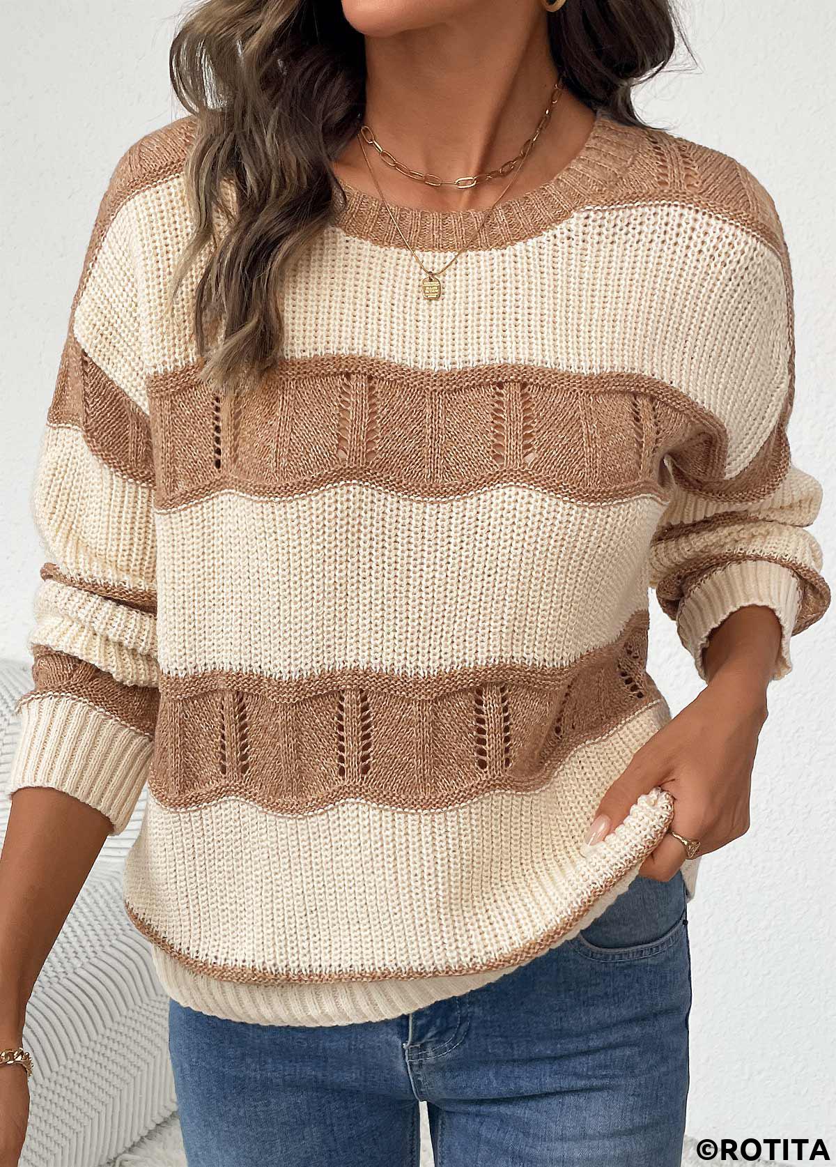 Beige tops,Contrast Color tops,Beige Round Neck Long Sleeve Sweater