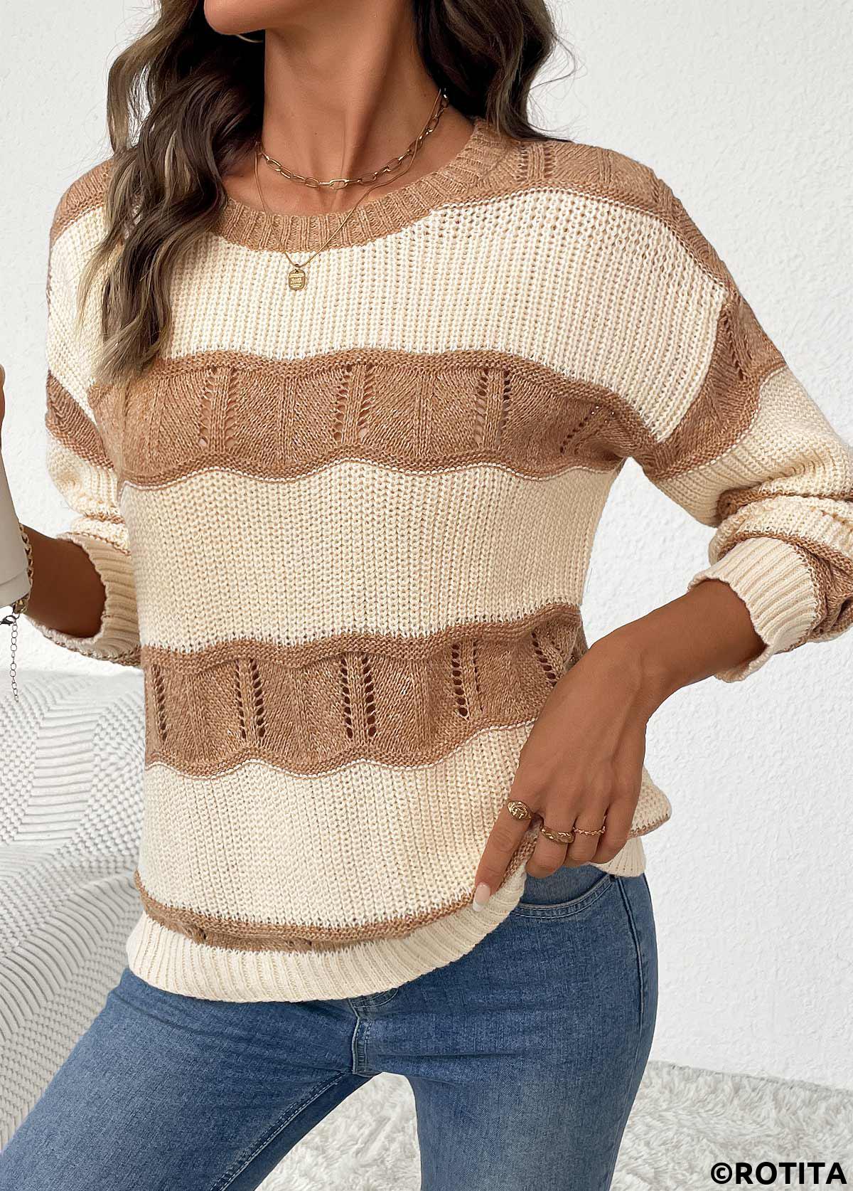 Beige tops,Contrast Color tops,Beige Round Neck Long Sleeve Sweater