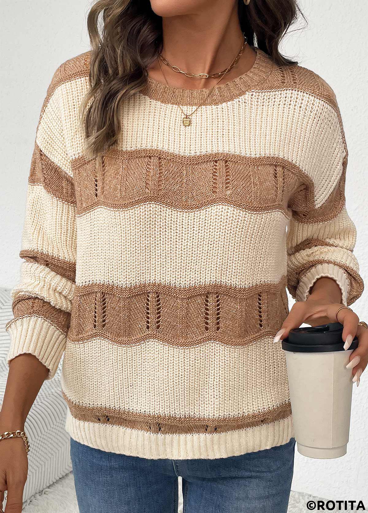 Beige tops,Contrast Color tops,Beige Round Neck Long Sleeve Sweater