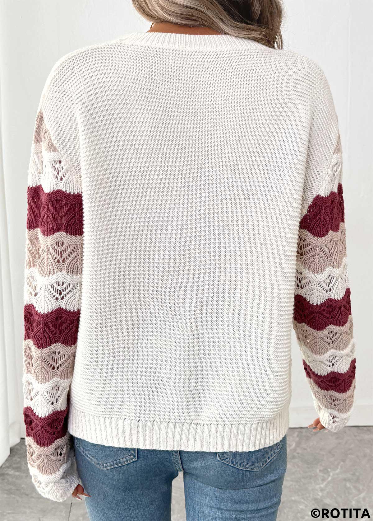White tops,Contrast Color tops,White Round Neck Long Sleeve Sweater