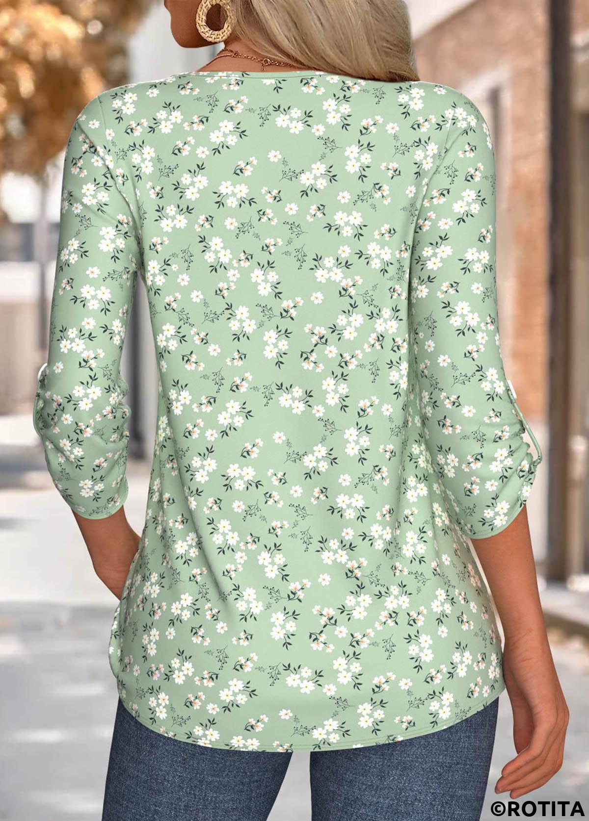 Sage Green tops,Floral tops,Plants tops,ROTITA Floral Print Sage Green V Neck 3/4 Sleeve Blouse
