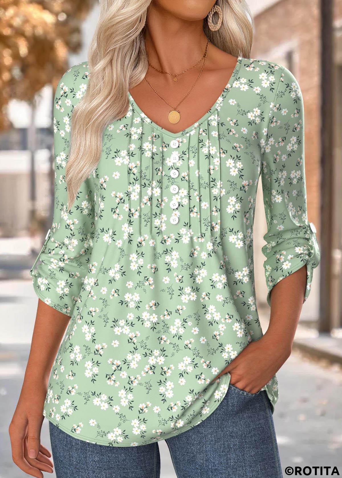 Sage Green tops,Floral tops,Plants tops,ROTITA Floral Print Sage Green V Neck 3/4 Sleeve Blouse