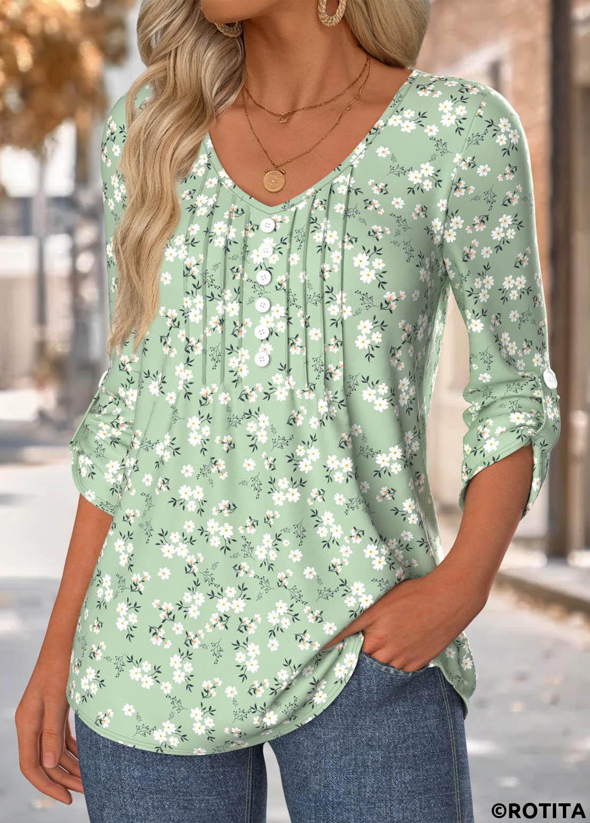 Sage Green tops,Floral tops,Plants tops,ROTITA Floral Print Sage Green V Neck 3/4 Sleeve Blouse