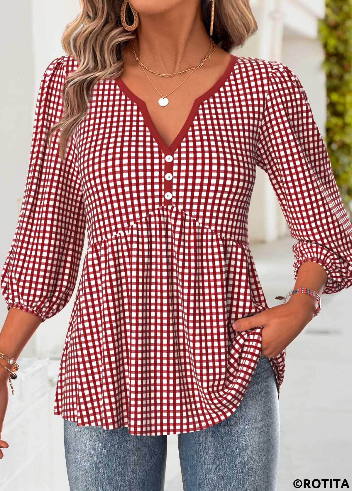 Red tops,Plaid tops,Geometric tops,ROTITA Plaid Red Split Neck 3/4 Sleeve Blouse