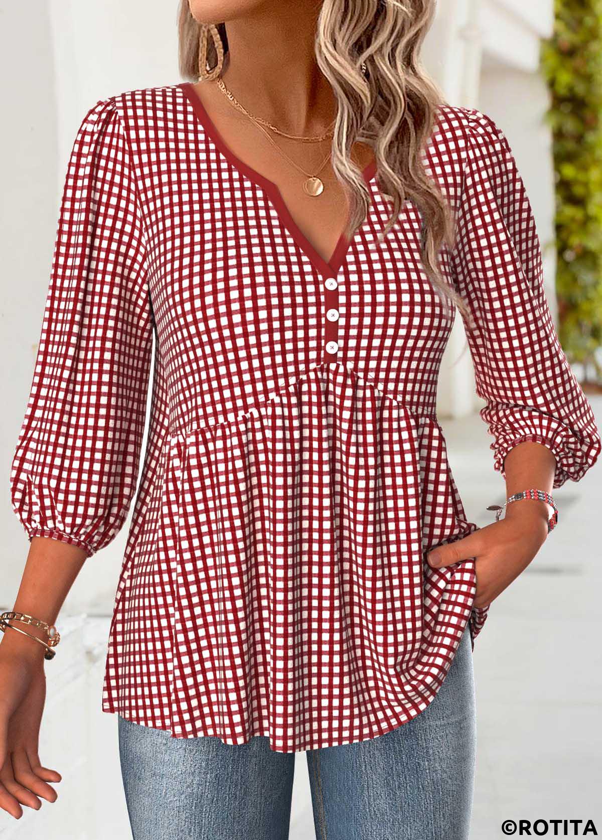 Red tops,Plaid tops,Geometric tops,ROTITA Plaid Red Split Neck 3/4 Sleeve Blouse