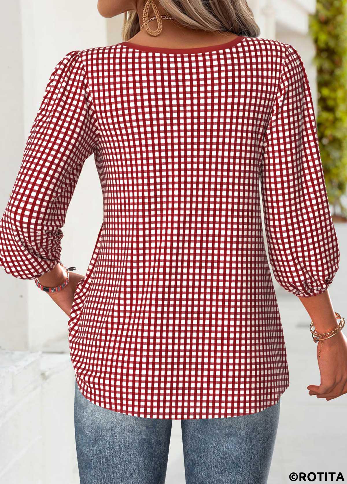 Red tops,Plaid tops,Geometric tops,ROTITA Plaid Red Split Neck 3/4 Sleeve Blouse