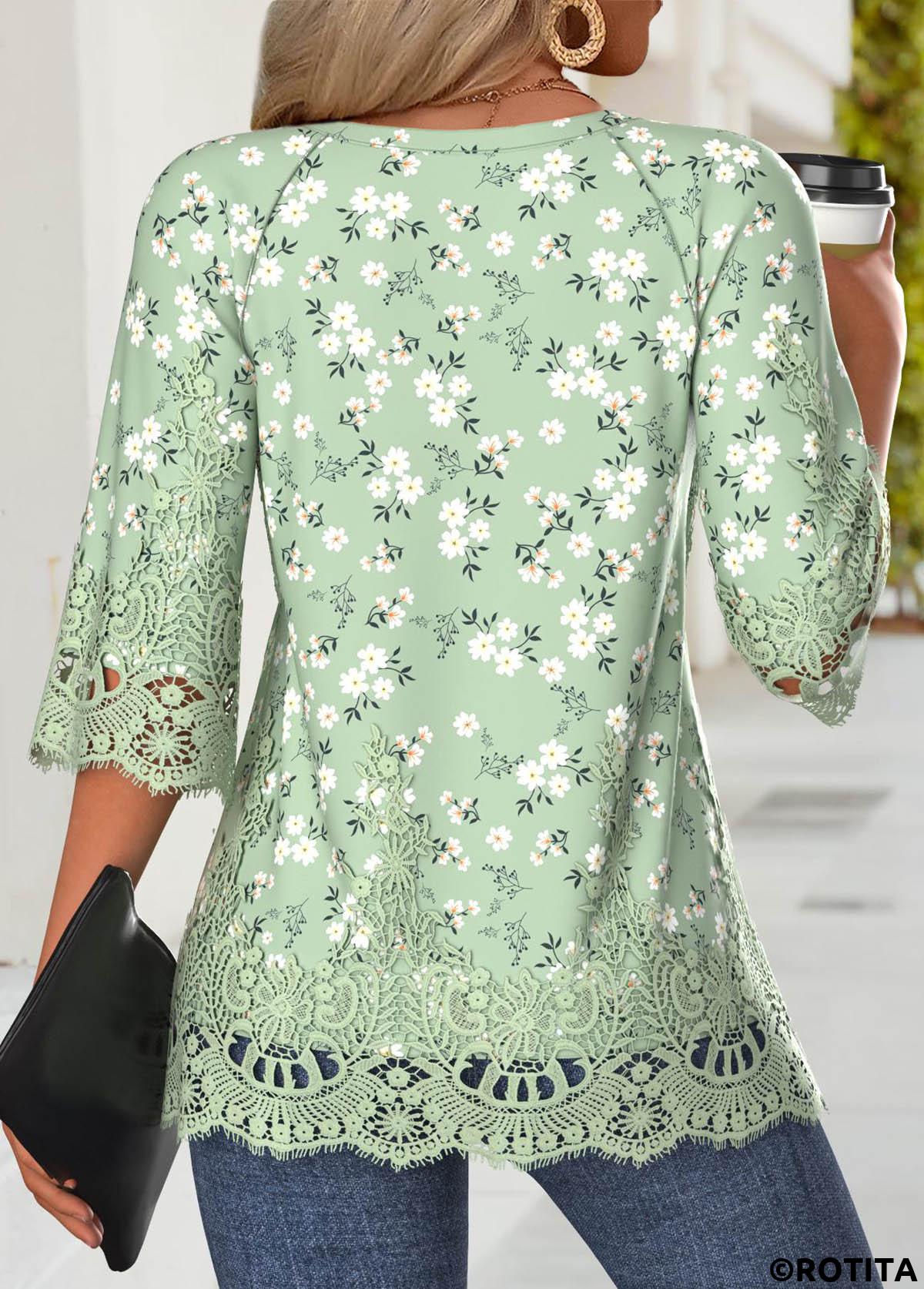 Light Green tops,Floral tops,Plants tops,ROTITA Floral Print Light Green Split Neck 3/4 Sleeve Blouse