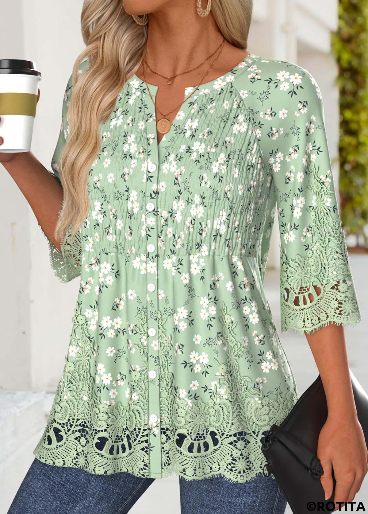 Light Green tops,Floral tops,Plants tops,ROTITA Floral Print Light Green Split Neck 3/4 Sleeve Blouse