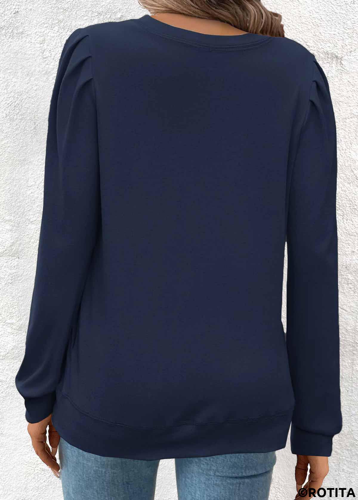 Navy tops,Plain Color tops,ROTITA Double Side Pockets Navy Round Neck Long Sleeve Sweatshirt