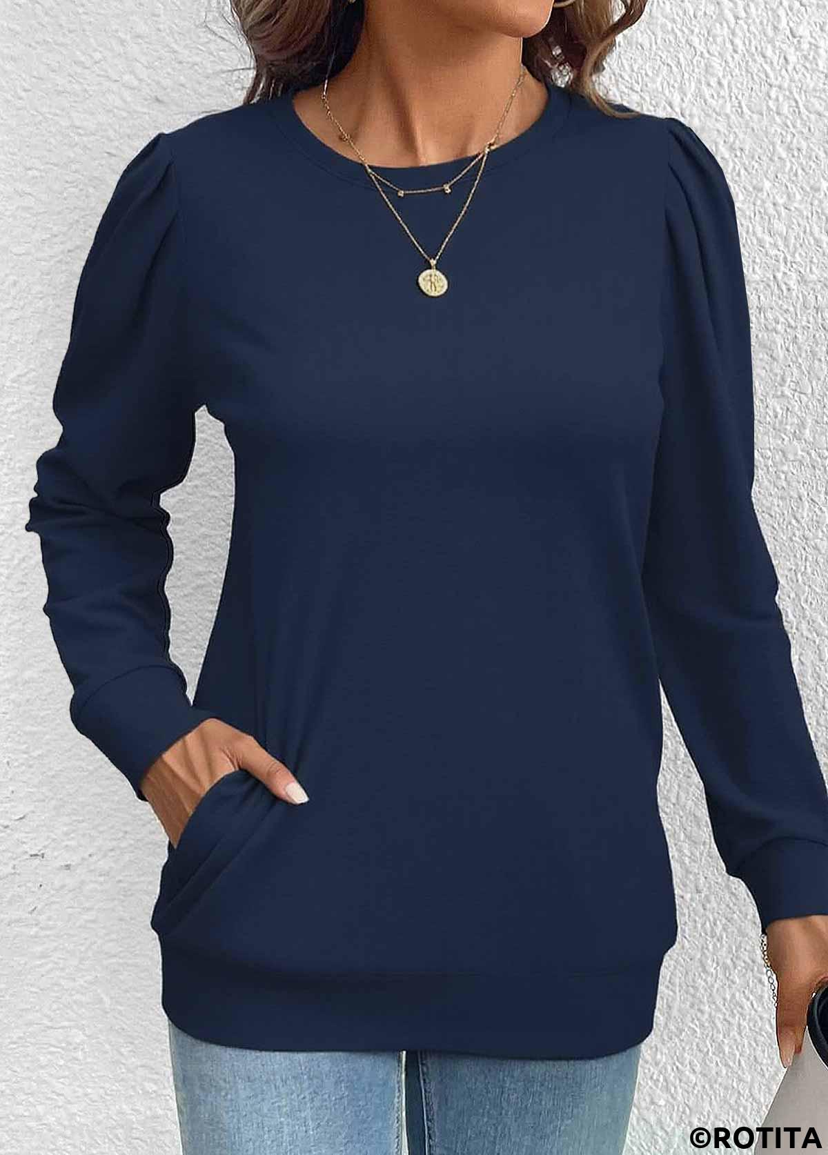 Navy tops,Plain Color tops,ROTITA Double Side Pockets Navy Round Neck Long Sleeve Sweatshirt
