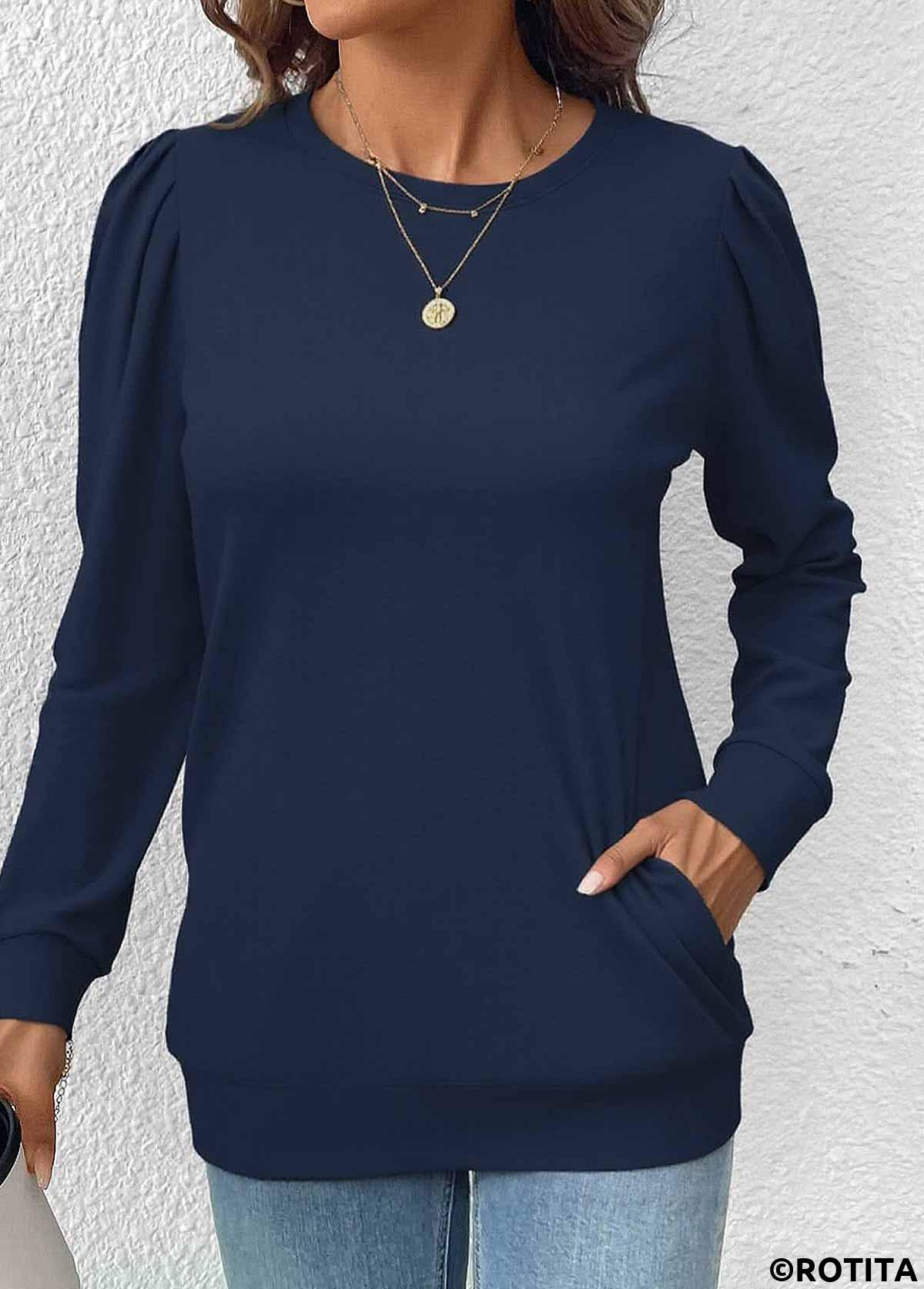 Navy tops,Plain Color tops,ROTITA Double Side Pockets Navy Round Neck Long Sleeve Sweatshirt