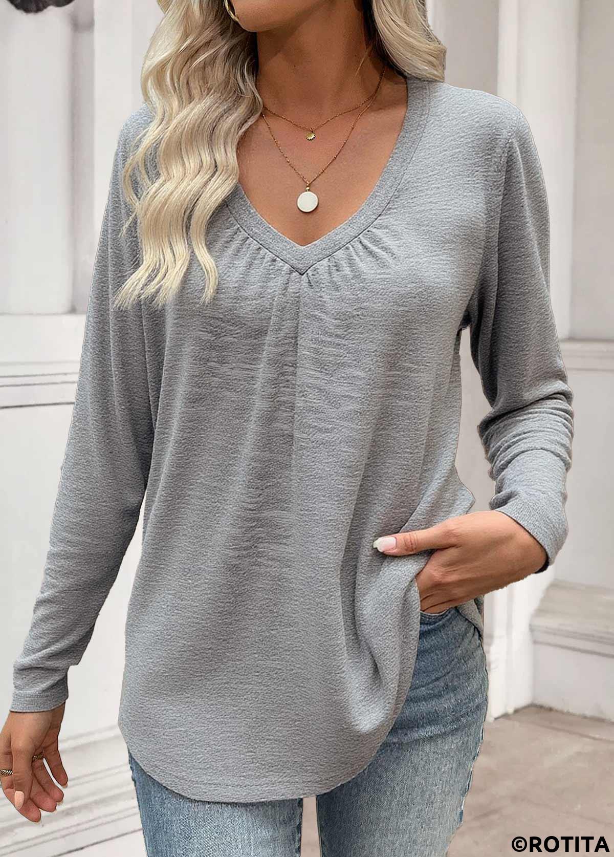Grey tops,Plain Color tops,ROTITA Tummy Coverage Grey V Neck Long Sleeve T Shirt