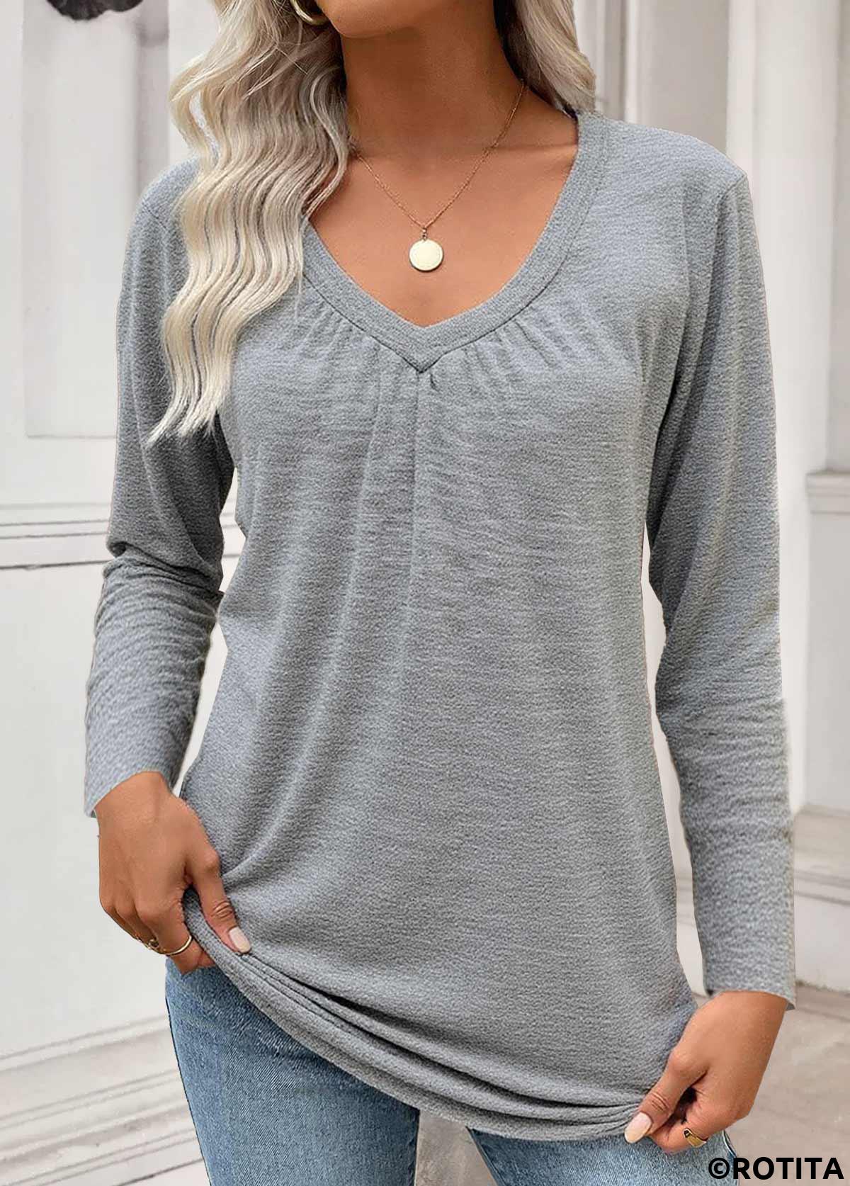 Grey tops,Plain Color tops,ROTITA Tummy Coverage Grey V Neck Long Sleeve T Shirt