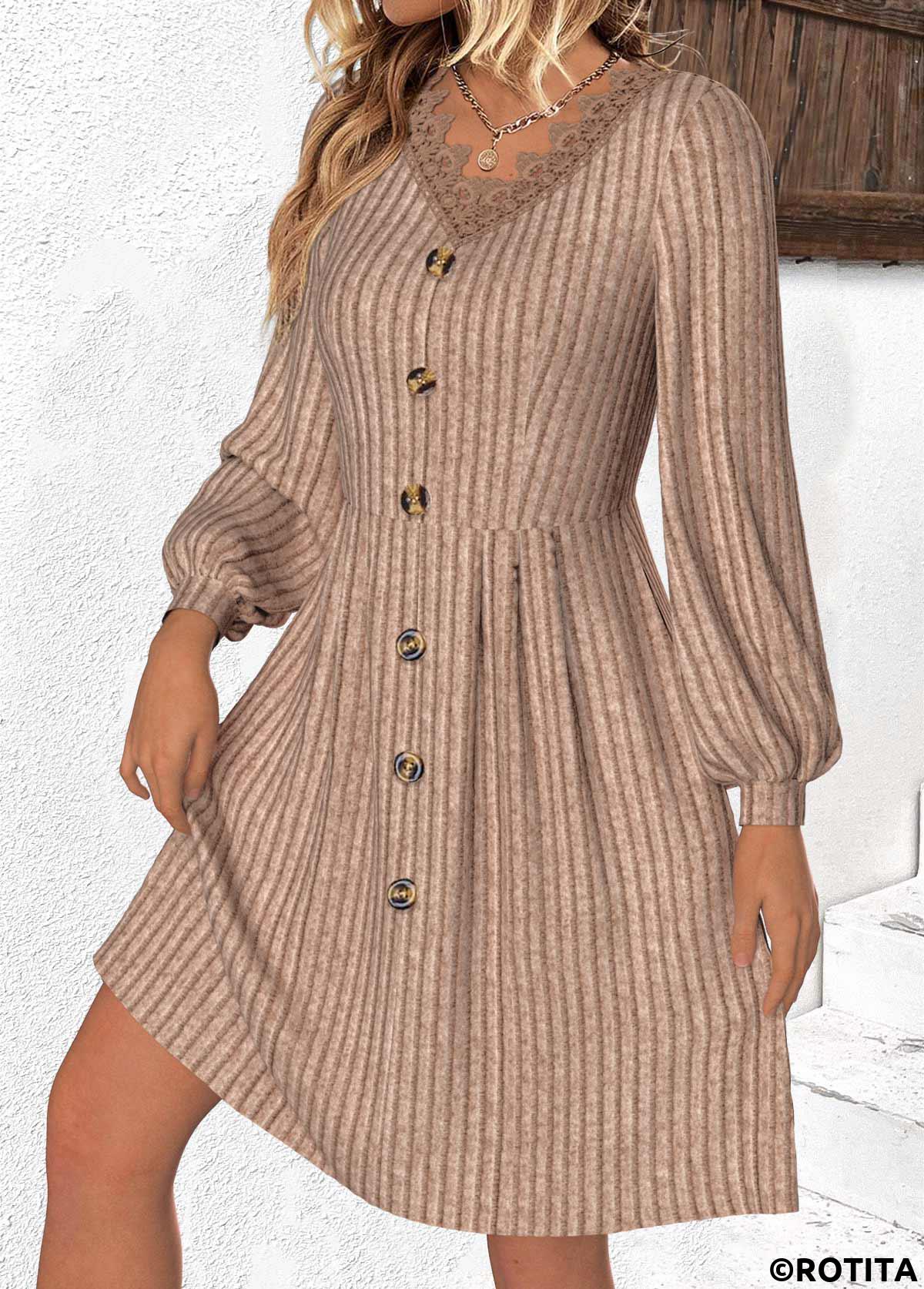 Light Coffee dresses,Plain Color dresses,Everyday dresses,Casual dresses,ROTITA Patchwork Light Coffee V Neck Long Sleeve Dress