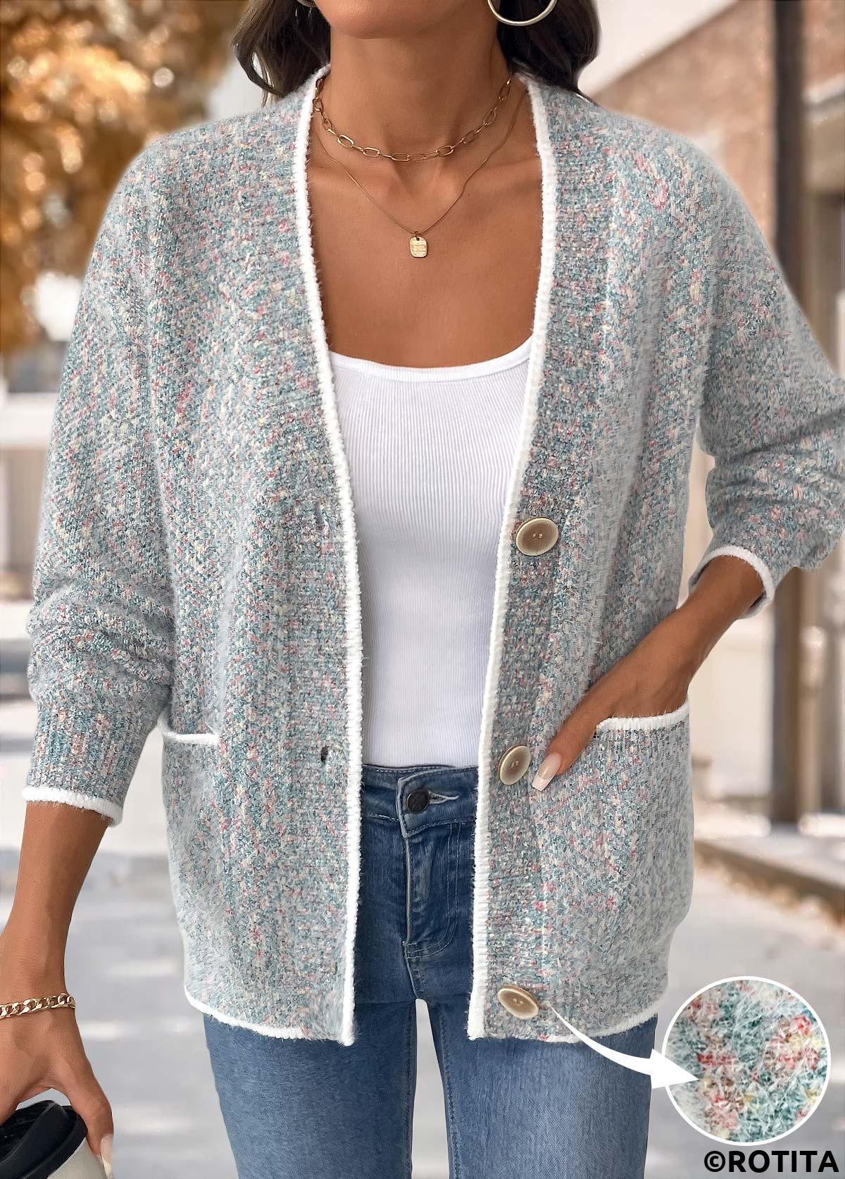 Multi Color tops,Contrast Color tops,Tummy Coverage Multi Color Long Sleeve Cardigan
