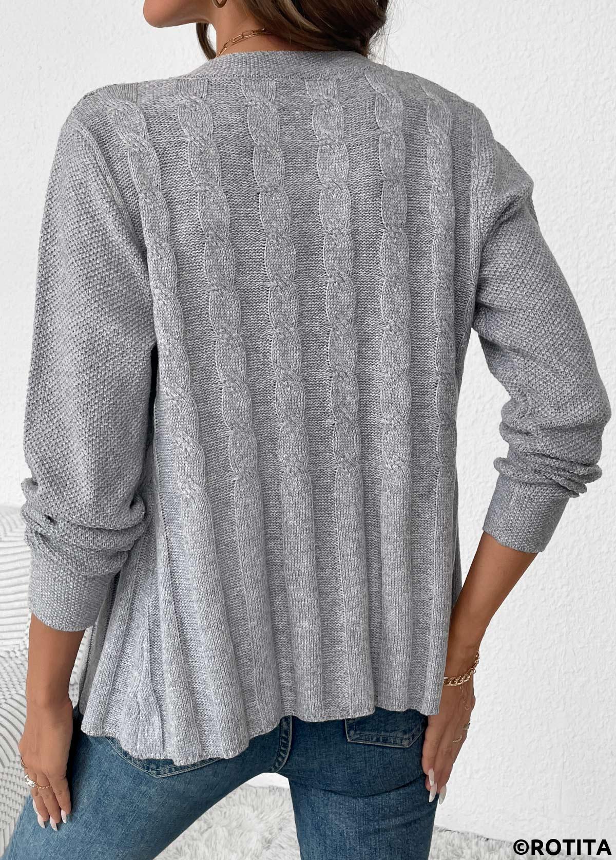 Grey tops,Plain Color tops,Tummy Coverage Grey Round Neck Long Sleeve Cardigan