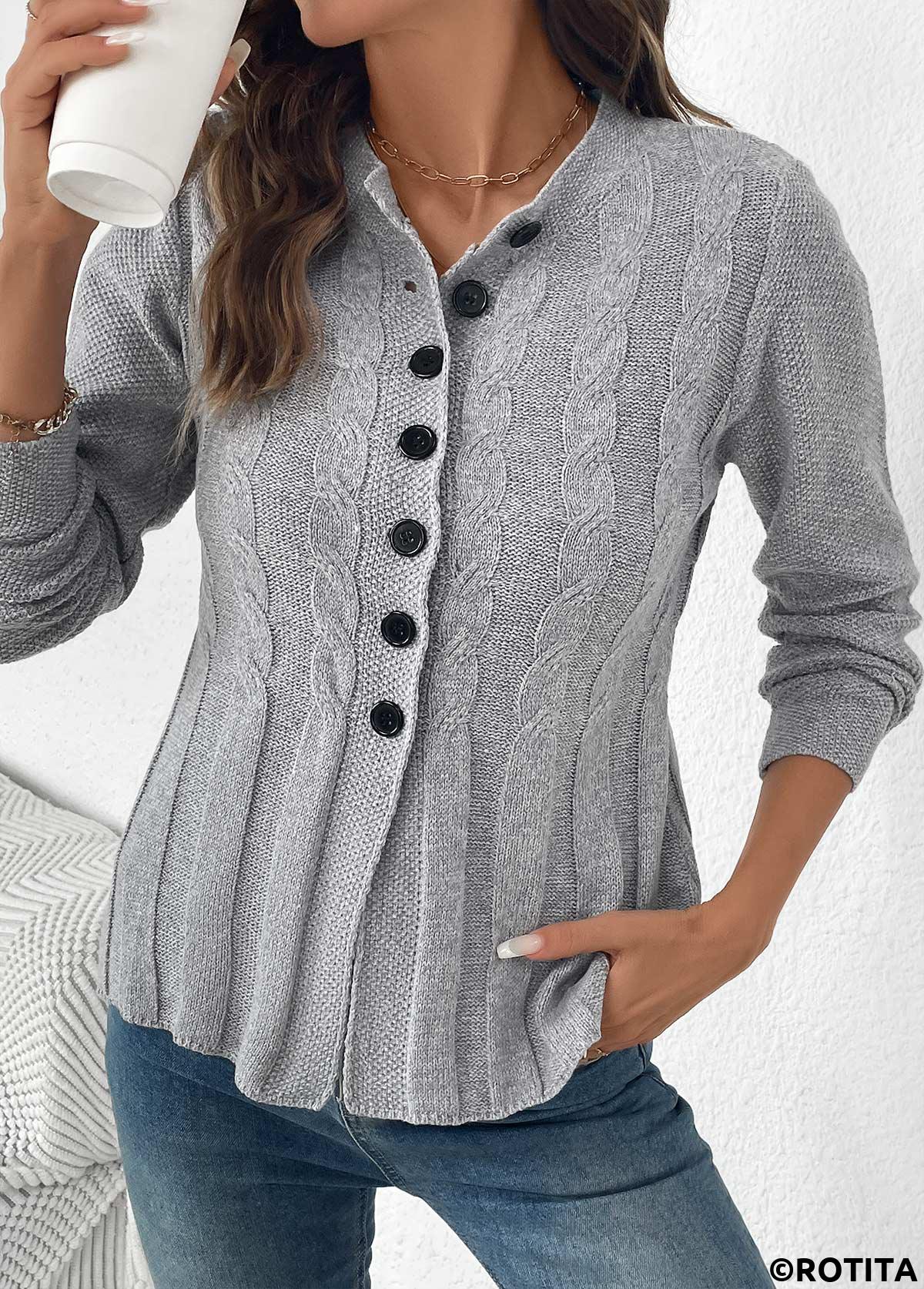 Grey tops,Plain Color tops,Tummy Coverage Grey Round Neck Long Sleeve Cardigan