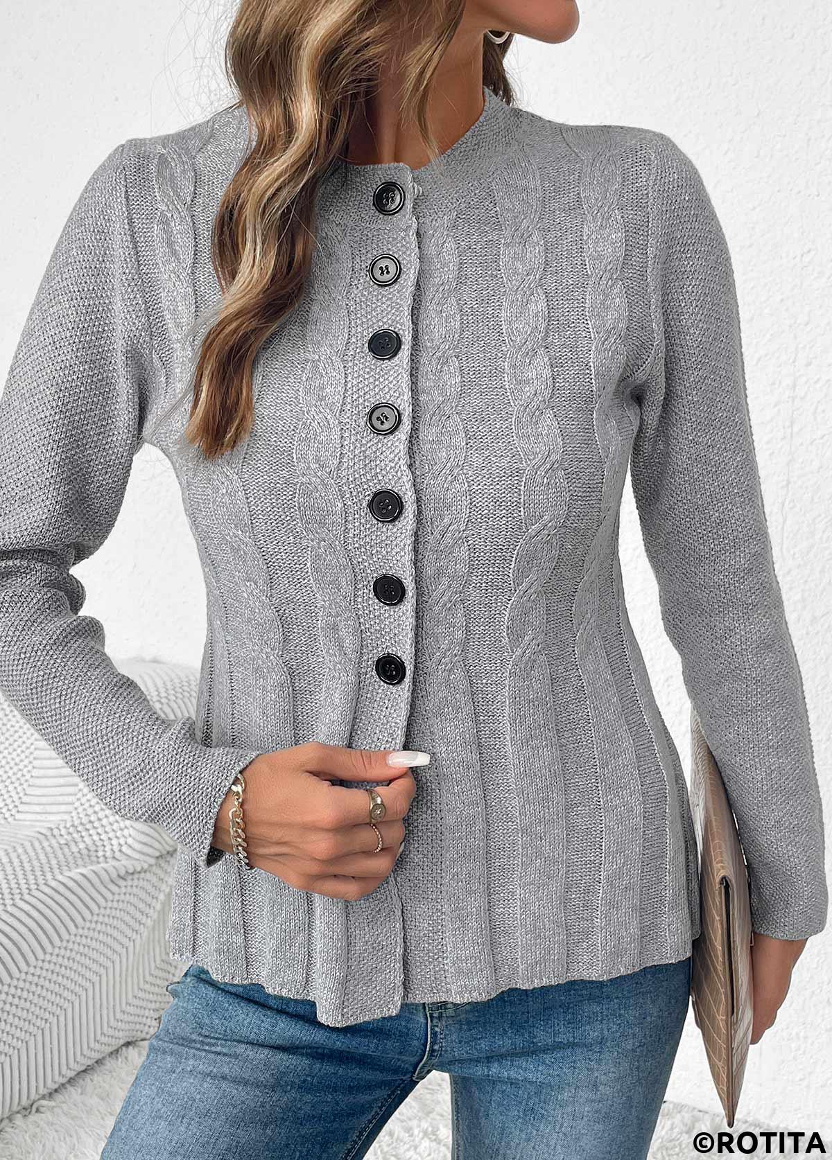 Grey tops,Plain Color tops,Tummy Coverage Grey Round Neck Long Sleeve Cardigan