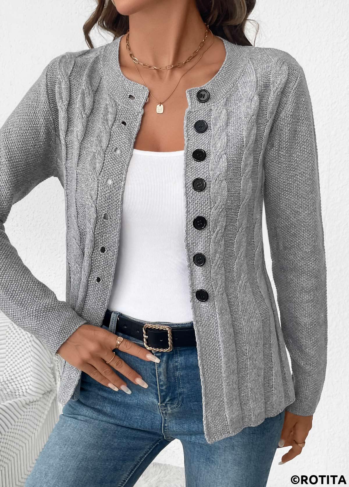 Grey tops,Plain Color tops,Tummy Coverage Grey Round Neck Long Sleeve Cardigan