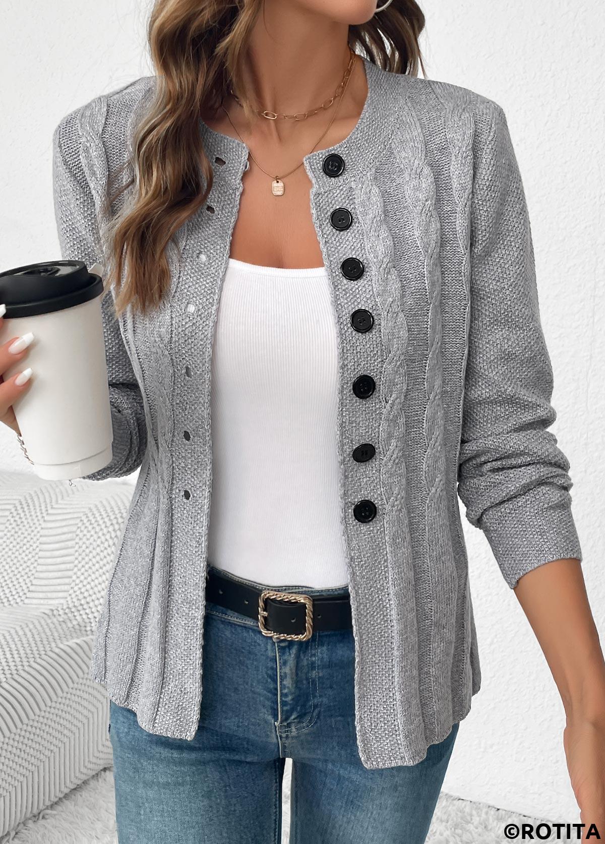 Grey tops,Plain Color tops,Tummy Coverage Grey Round Neck Long Sleeve Cardigan
