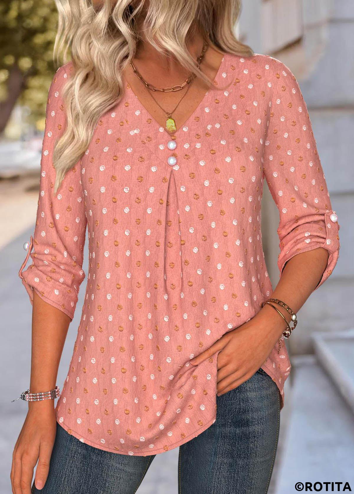 Dusty Pink tops,Plain Color tops,ROTITA Tummy Coverage Dusty Pink V Neck Long Sleeve Blouse