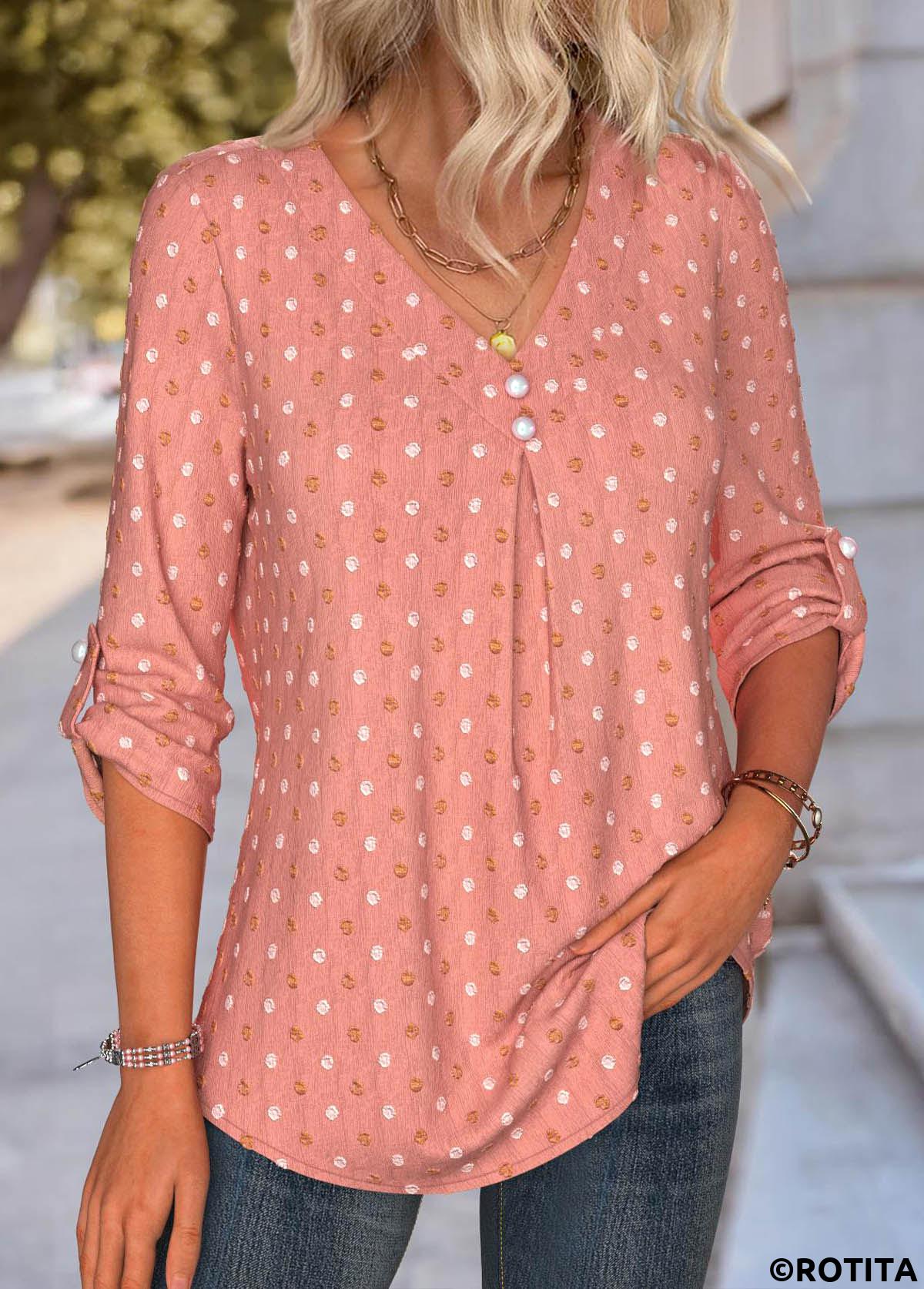Dusty Pink tops,Plain Color tops,ROTITA Tummy Coverage Dusty Pink V Neck Long Sleeve Blouse