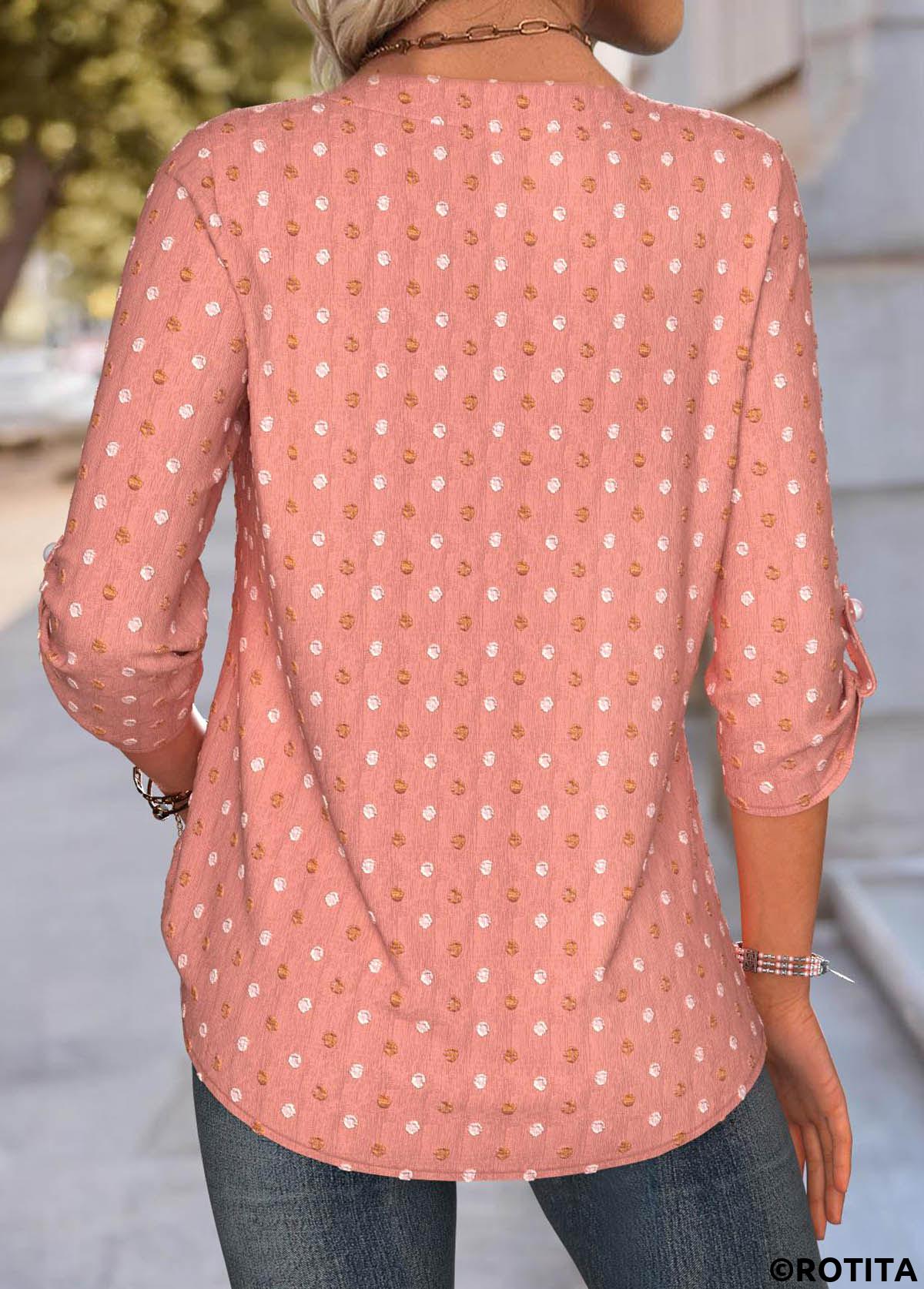 Dusty Pink tops,Plain Color tops,ROTITA Tummy Coverage Dusty Pink V Neck Long Sleeve Blouse