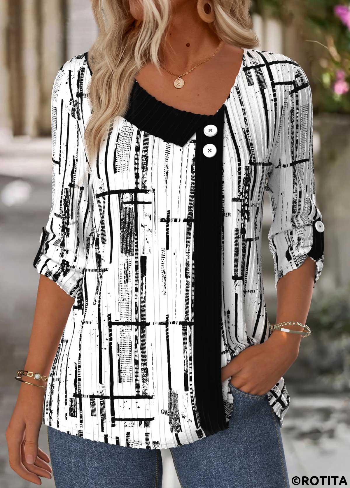 White tops,Geometric tops,ROTITA Geometric Print White Shirt