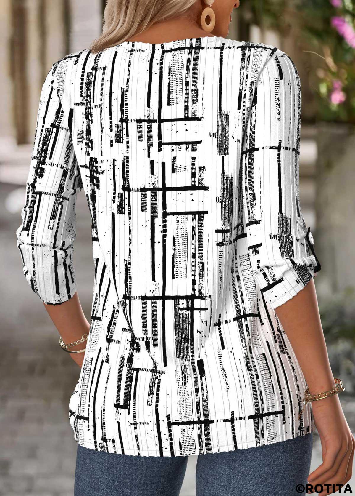 White tops,Geometric tops,ROTITA Geometric Print White Shirt