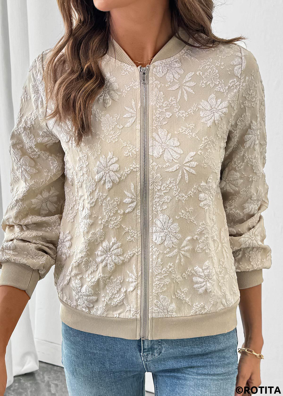 Light Coffee tops,Plain Color tops,Zipper Light Coffee Stand Collar Long Sleeve Jacket