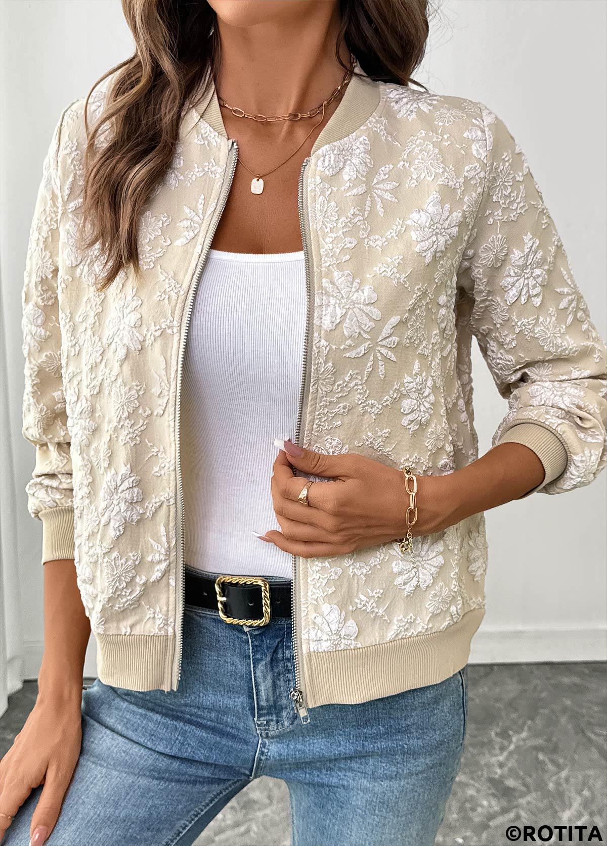 Light Coffee tops,Plain Color tops,Zipper Light Coffee Stand Collar Long Sleeve Jacket