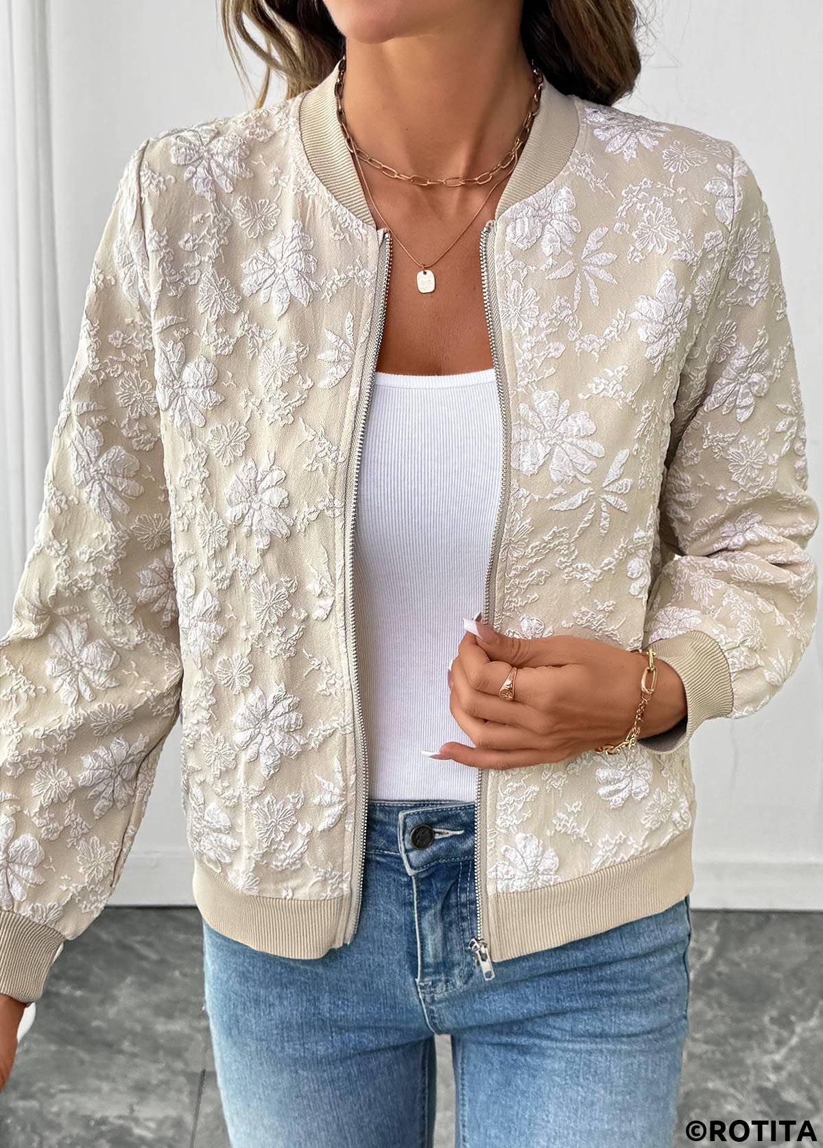 Light Coffee tops,Plain Color tops,Zipper Light Coffee Stand Collar Long Sleeve Jacket