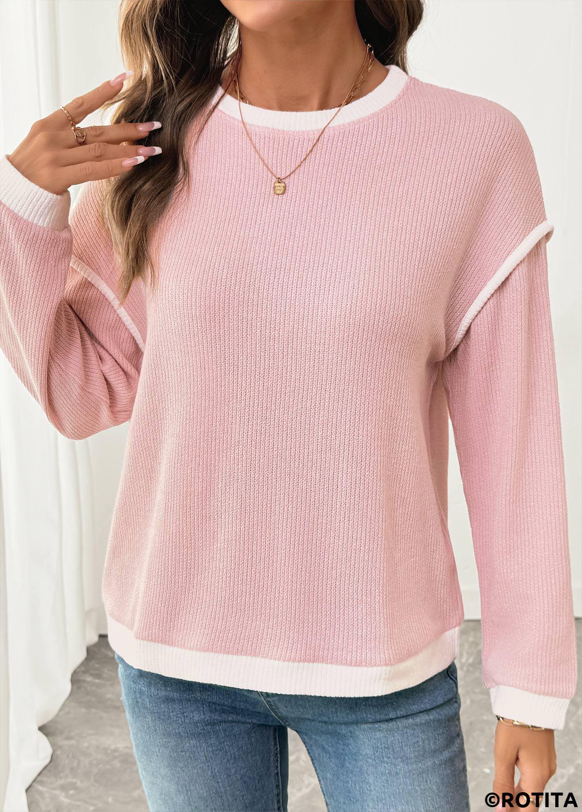 Pink tops,Contrast Color tops,ROTITA Patchwork Pink Round Neck Long Sleeve Sweatshirt