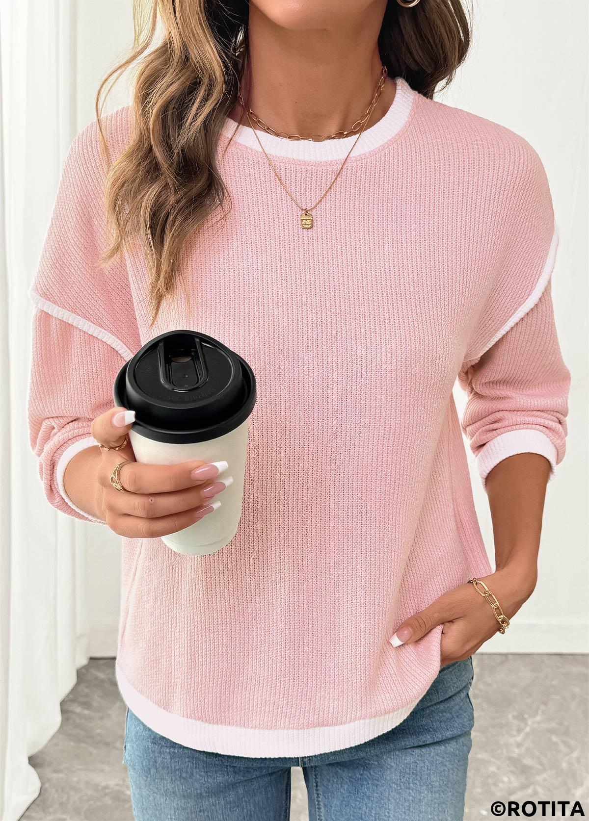 Pink tops,Contrast Color tops,ROTITA Patchwork Pink Round Neck Long Sleeve Sweatshirt
