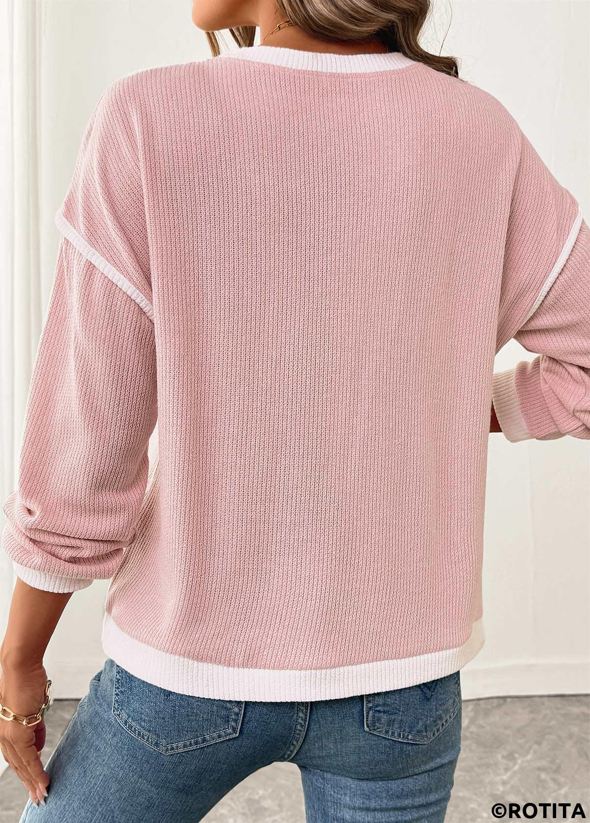 Pink tops,Contrast Color tops,ROTITA Patchwork Pink Round Neck Long Sleeve Sweatshirt