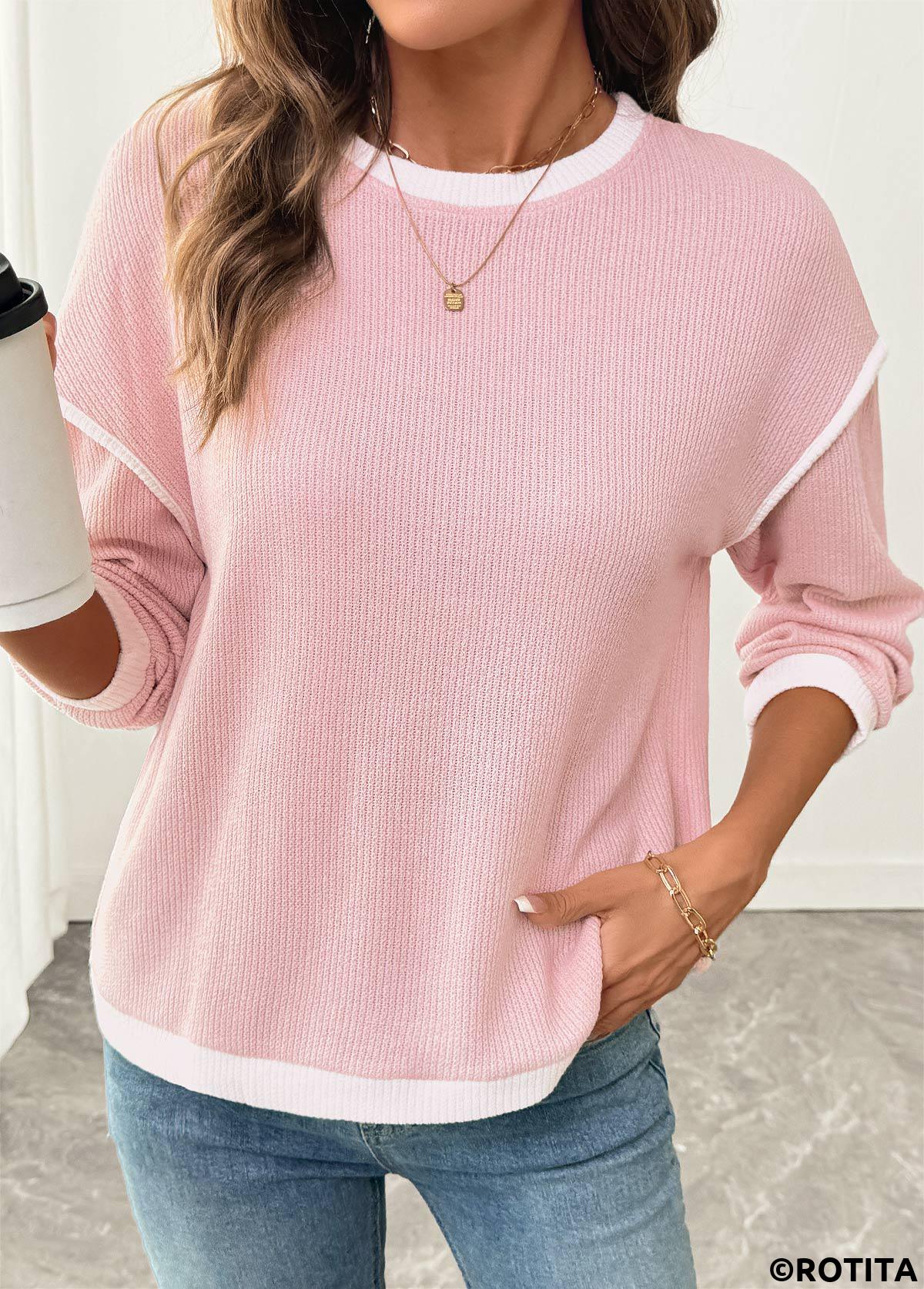 Pink tops,Contrast Color tops,ROTITA Patchwork Pink Round Neck Long Sleeve Sweatshirt