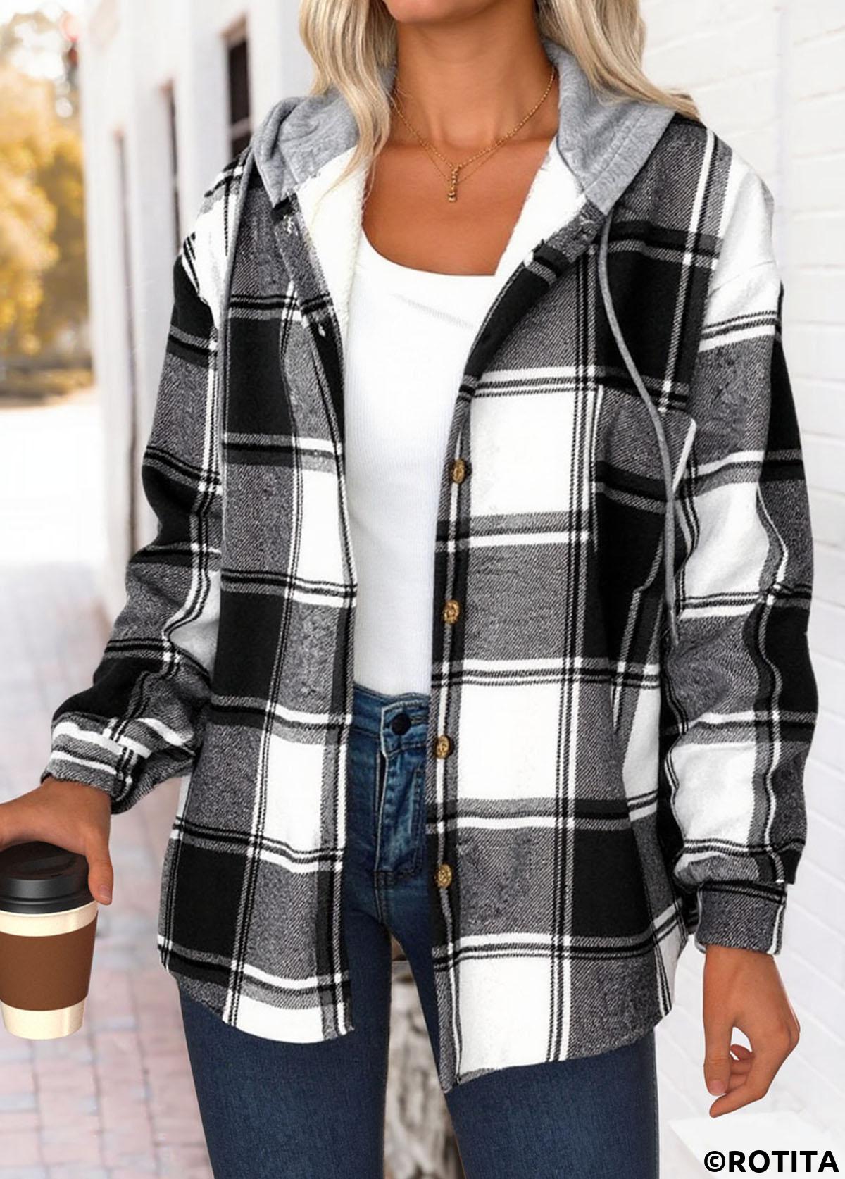 Black tops,Plaid tops,Geometric tops,ROTITA Tummy Coverage Plaid Black Hooded Long Sleeve Track Jacket