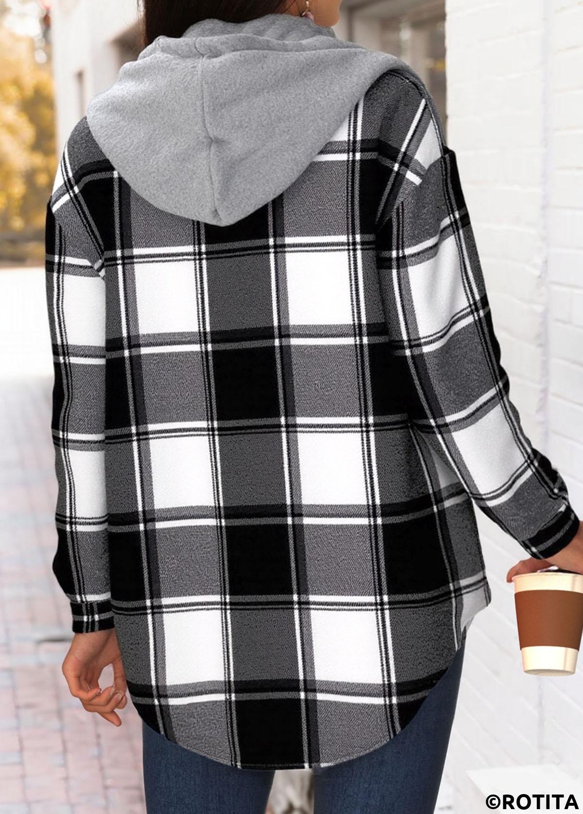 Black tops,Plaid tops,Geometric tops,ROTITA Tummy Coverage Plaid Black Hooded Long Sleeve Track Jacket