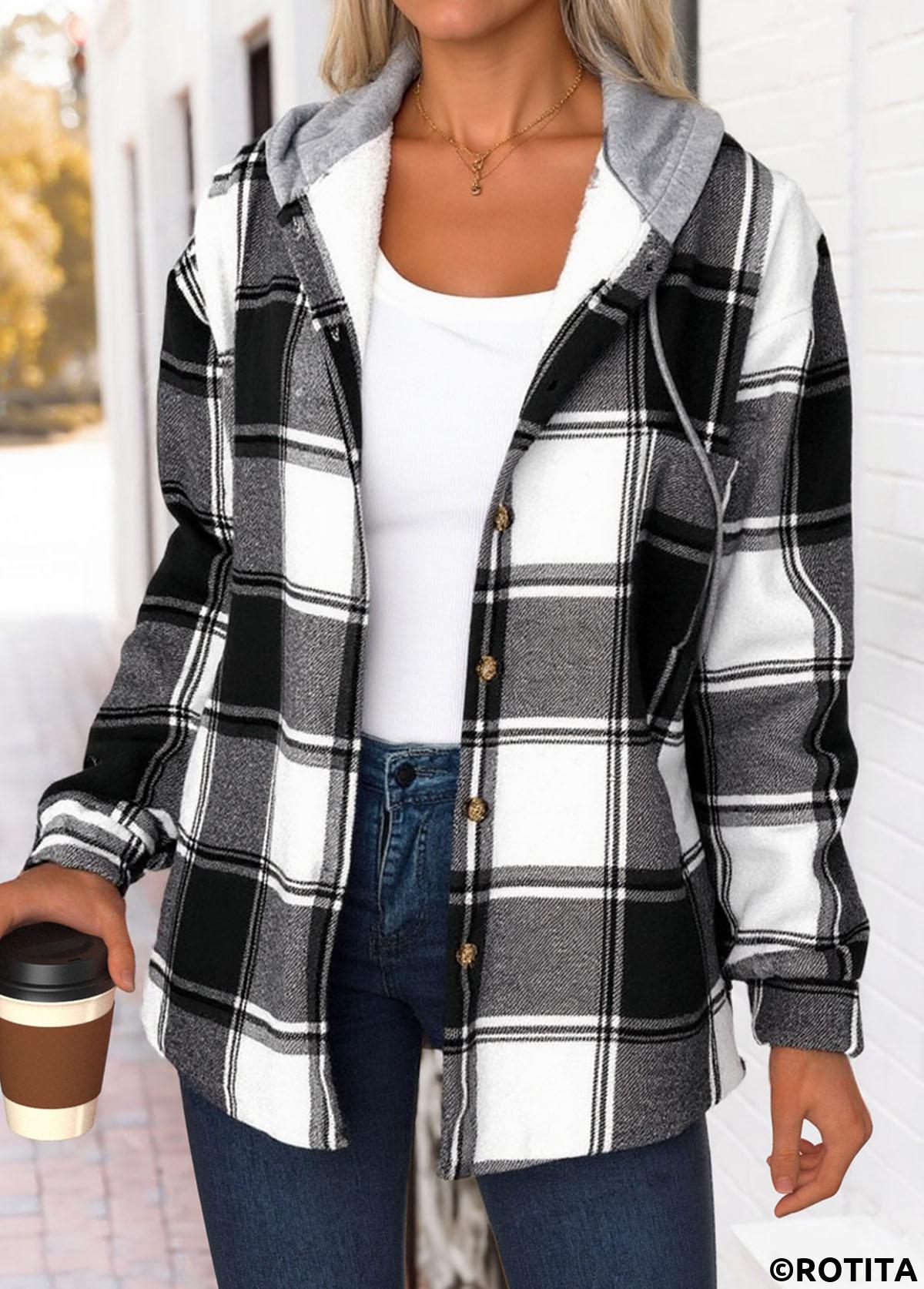 Black tops,Plaid tops,Geometric tops,ROTITA Tummy Coverage Plaid Black Hooded Long Sleeve Track Jacket