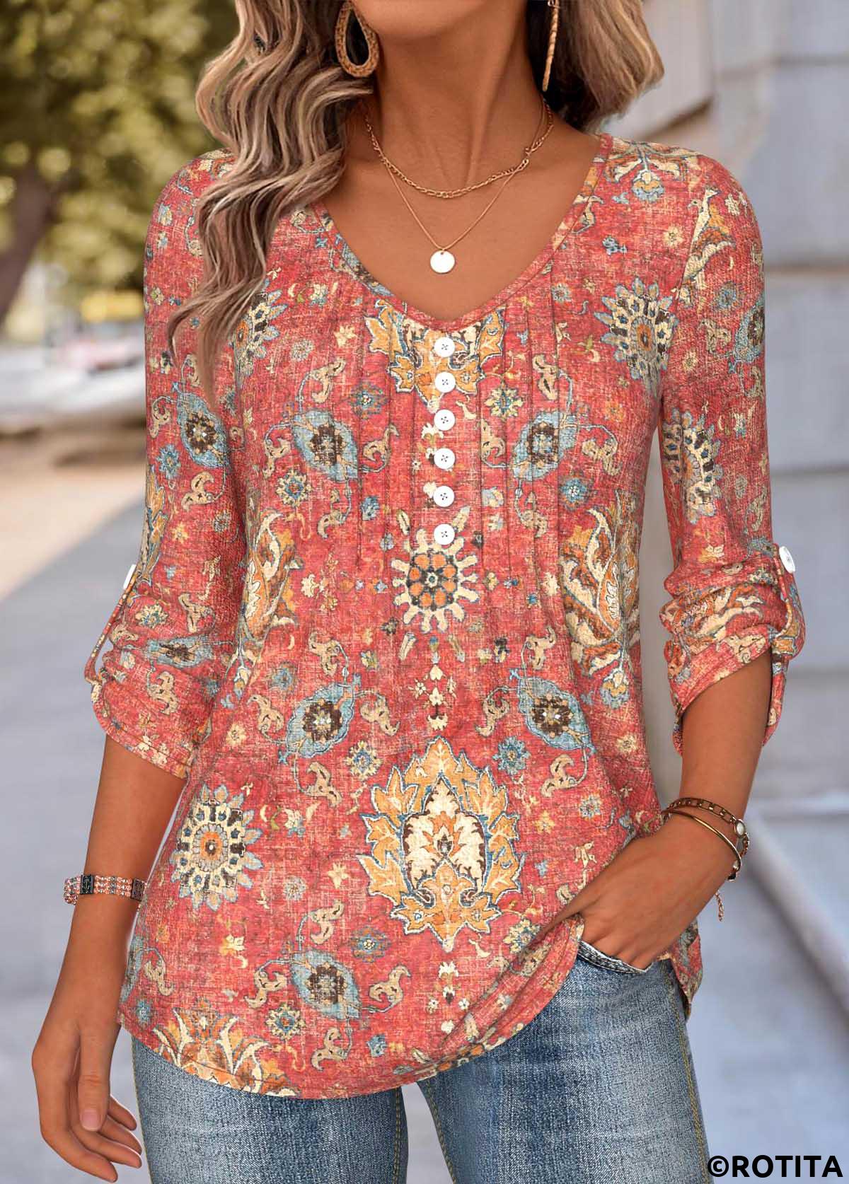 Coral tops,Tribal tops,ROTITA Tummy Coverage Tribal Print Coral V Neck Blouse